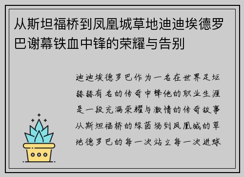 从斯坦福桥到凤凰城草地迪迪埃德罗巴谢幕铁血中锋的荣耀与告别 从斯坦福桥到凤凰城草地迪迪埃德罗巴谢幕铁血中锋的荣耀与告别